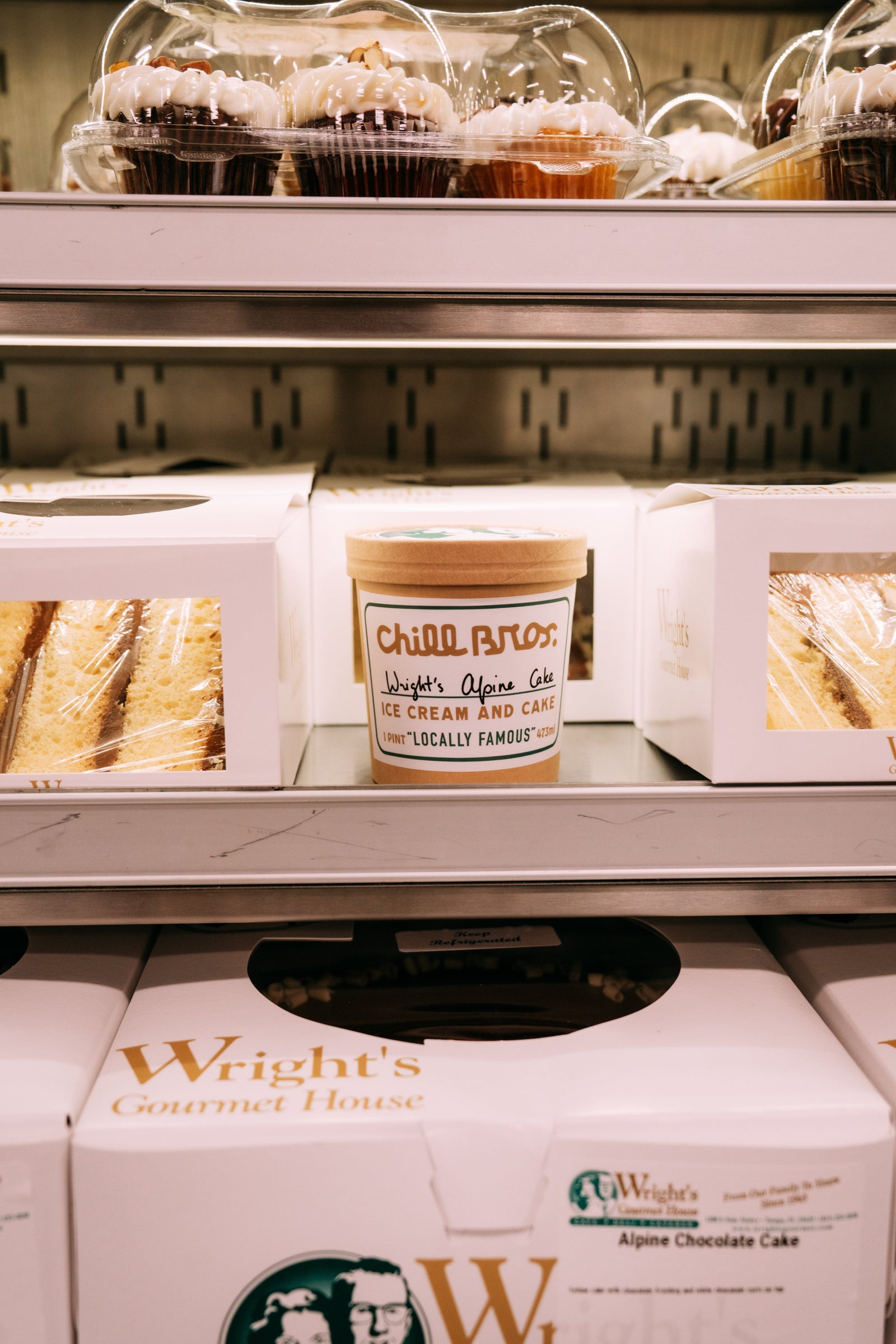Wright's Alpine Cake and Chill Bros Ice Cream in a freezer